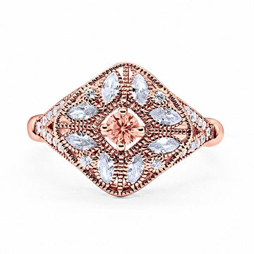 Art Deco Ring Marquise Filigree Rose Tone, Simulated Morganite CZ 925 Sterling Silver